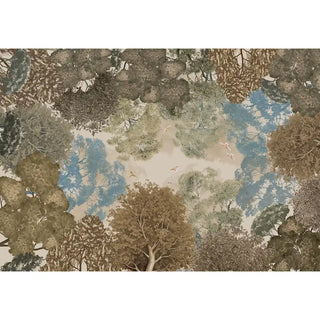 wallpaper highlighting layered tree canopies in earthy olive tones with patches of blue sky.