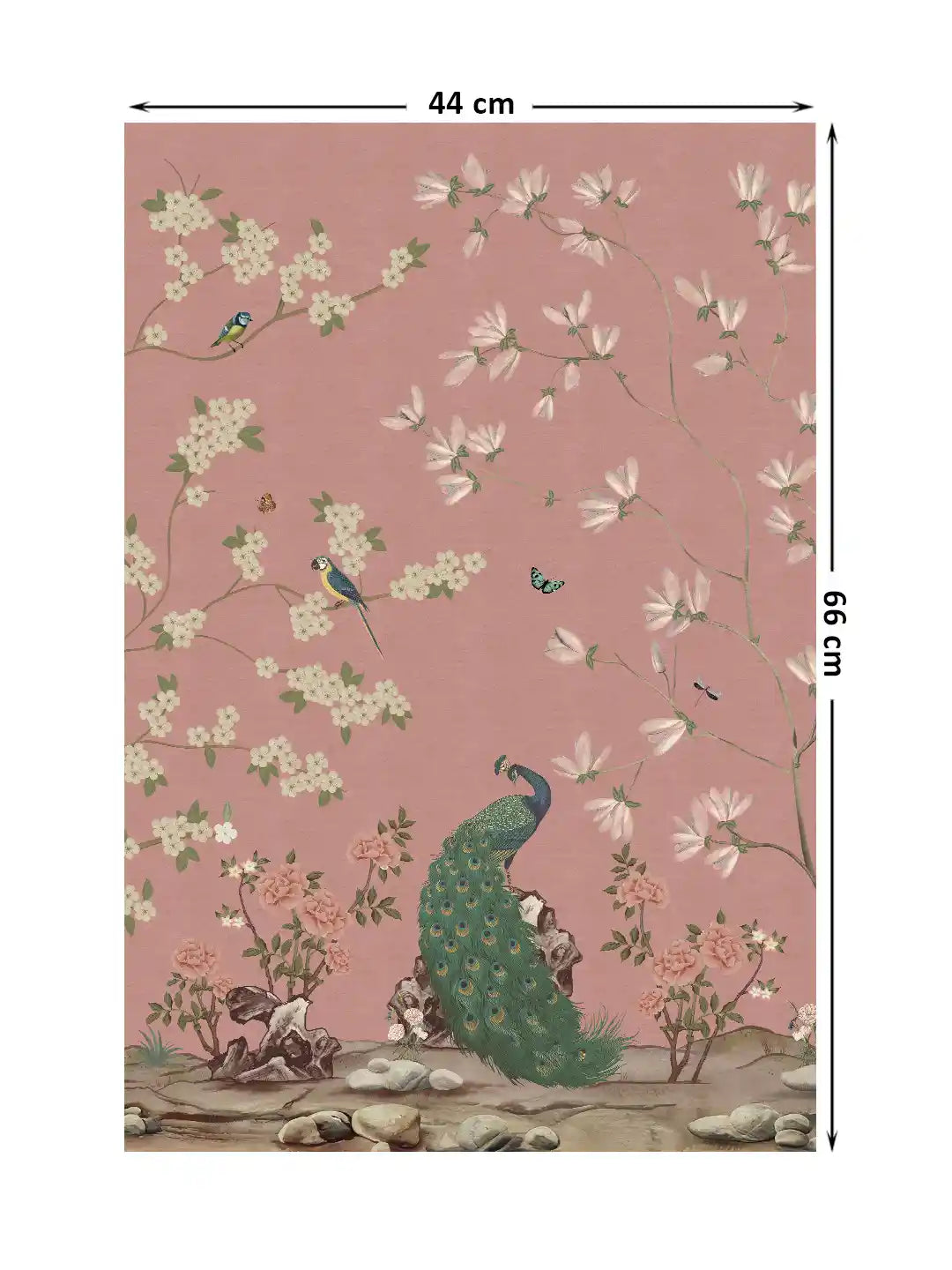 Full layout of a Chinoiserie garden print with a peacock, magnolias and songbirds in rose tones