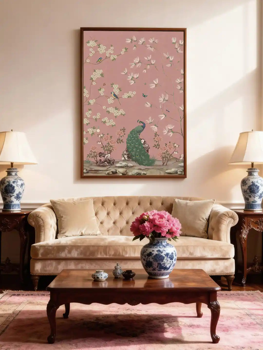 Rose quartz Chinoiserie peacock print framed above a champagne velvet sofa in a living room