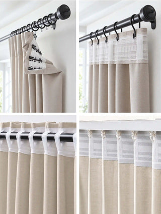 How the The Reed Rhythm Readymade Curtain hangs: its header tape takes hooks on rod rings, S-hooks over a rod, a rod through the tape loops, or a ceiling track.