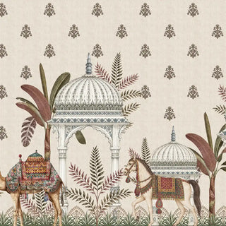 Close-up of the Royal Caravan wallpaper showing a caparisoned camel and white horse beside a marble chhatri and plantain leaves, view-close-up