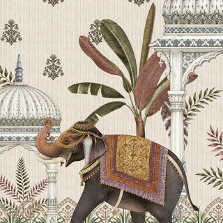 Close-up of the Royal Caravan wallpaper showing an adorned elephant with an embroidered saddle cloth against a fluted chhatri dome, view-close-up