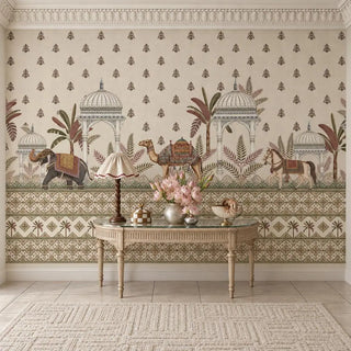 Ivory Royal Caravan wallpaper behind a carved console table with pink lotuses and a pleated lamp in an entryway, view-entryway