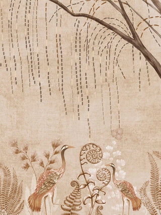 A detailed close-up of The Secret Garden wall art print highlighting two long-tailed birds among ferns and spiral fiddleheads.