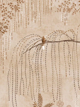 A detailed close-up of The Secret Garden wall art print highlighting a small bird perched on a weeping willow branch among dashed fronds.
