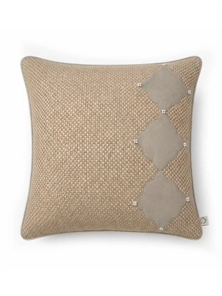 Front view of The Sirocco cushion cover showing the woven jute base with velvet diamond trellis and pearl detailing