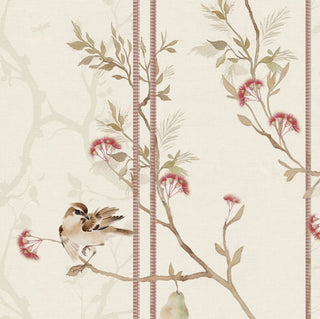 A high-resolution close-up product detail of The Syntax of Spring wallpaper showing an embroidered-look sparrow on a pear branch alongside vertical stripes.