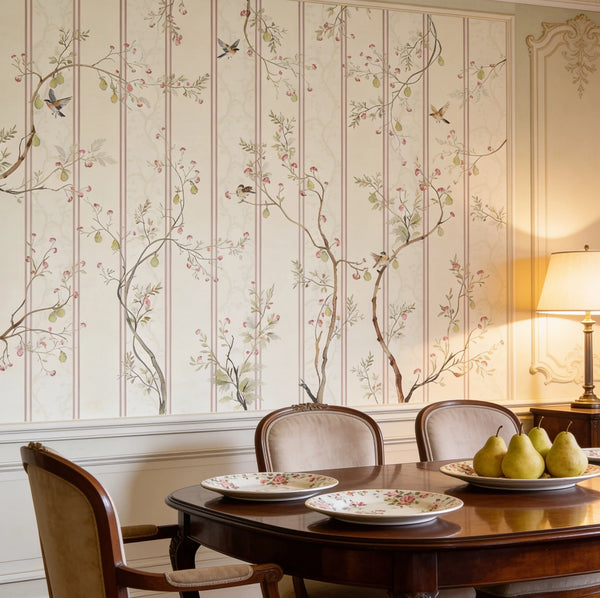 The Syntax of Spring custom scenic floral wallpaper paneled inside a formal European-style dining room behind a polished mahogany table and chairs view-diningroom