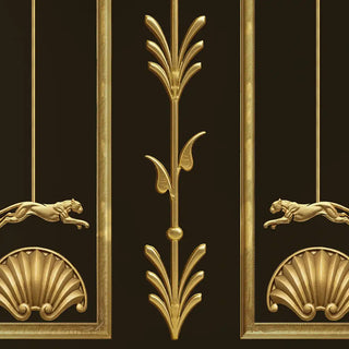 A high-resolution close-up of the gilded leaping panther, structural columns, and scallop shell motif in the wallpaper.