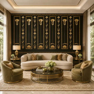 The Zellige Hall customized paneling wallpaper styled behind a contemporary cream sofa in a formal, high-ceilinged lounge view-livingroom