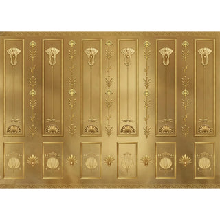 A full-scale view of The Zellige Hall golden wallpaper mural featuring embossed panels with panthers and floral motifs.