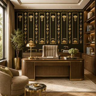 The Zellige Hall custom wallpaper providing a stately, opulent backdrop in an executive home library and office setup.
