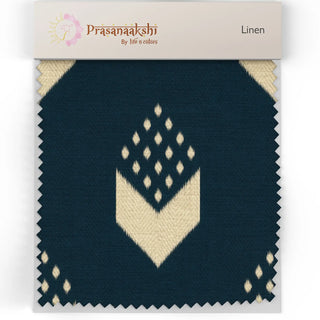 Fabric swatch of Trang Upholstery Fabric showing bold navy base with ivory patterns.