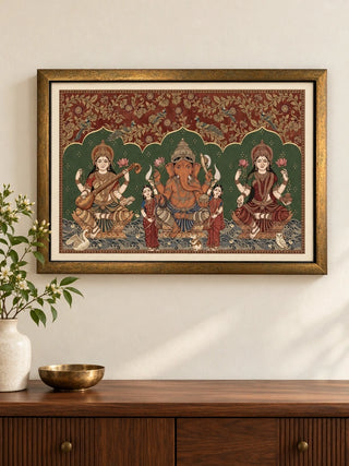 Trideva Mangalam framed wall art hung in an entryway