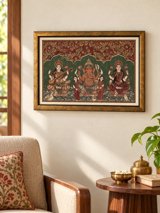 Trideva Mangalam framed wall art on a living room wall