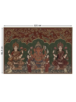 Trideva Mangalam landscape wall art, Ganesha with Saraswati and Lakshmi, marked with its 121 cm by 81.2 cm dimensions.