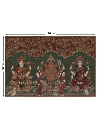 Trideva Mangalam landscape wall art, Ganesha with Saraswati and Lakshmi, marked with its 90 cm by 60 cm dimensions.