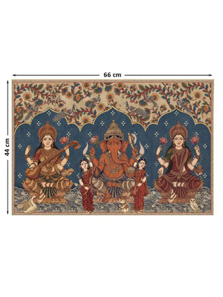Full view of the Trideva Mangalam wall art showing three seated figures beneath scalloped arches on a blue ground with a floral border, at 44 cm by 66 cm.