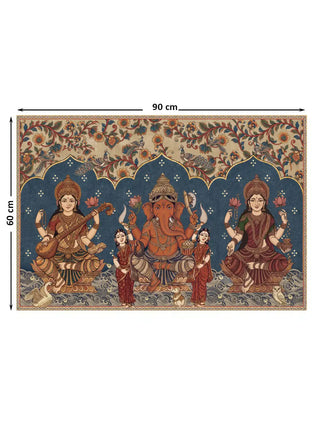 Full view of the Trideva Mangalam wall art showing three seated figures beneath scalloped arches on a blue ground with a floral border, at 60 cm by 90 cm.