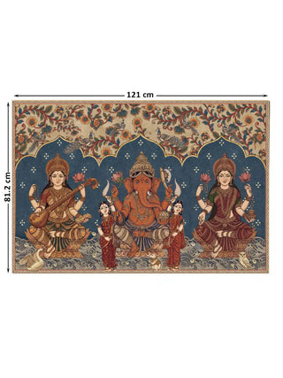 Full view of the Trideva Mangalam wall art showing three seated figures beneath scalloped arches on a blue ground with a floral border, at 81.2 cm by 121 cm.