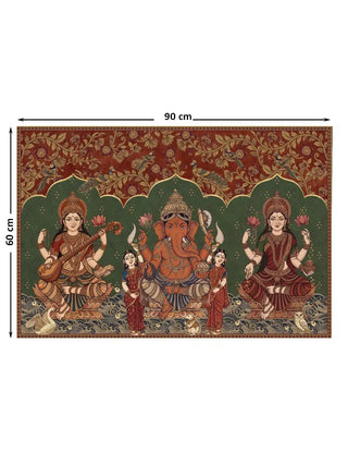 Full pattern view of the Trideva Mangalam wall art in Rust & Forest, shown at the 90 cm by 60 cm size.