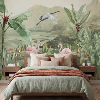 Tropical Jungle mural styled as a feature wall in a master bedroom with sage green bedding and walnut nightstands view- Bedroom