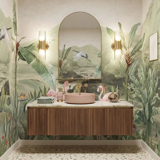 A luxury powder room featuring the Tropical Jungle mural behind an arched mirror and fluted wooden vanity view-powder room