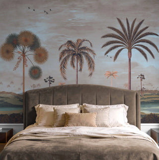 The Mosslight Morning misty blue mural styled as a statement headboard wall in a luxurious master bedroom suite view-bedroom