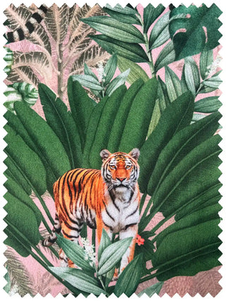 High-resolution fabric swatch of Tropical Tales featuring a Bengal tiger standing amidst oversized green jungle foliage.