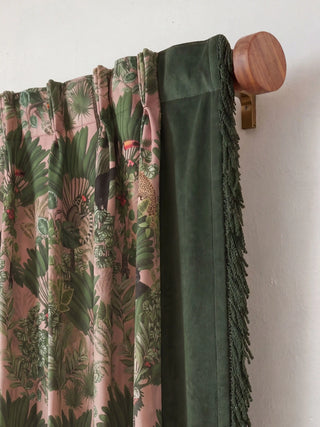 Tropical Tales Readymade Curtain readymade curtain, Close-up of the professional pinch-pleat tailoring and velvet border on a wooden curtain rod.