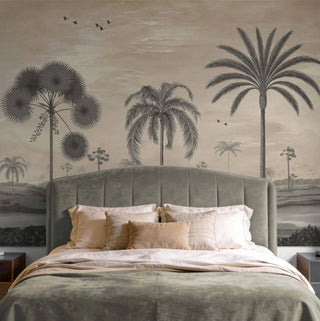 The Mosslight Morning vintage ivory mural styled as a statement headboard wall in a luxurious master bedroom suite view-bedroom