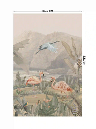 Tropical Vintage wall art featuring pink flamingos and lush botanical leaves, size 81.2cm x 121cm.
