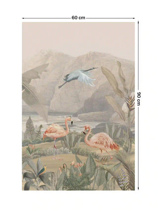 Tropical Vintage wall art featuring pink flamingos and lush botanical leaves, size 60cm x 90cm