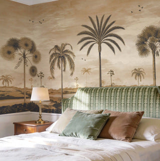 The Mosslight Morning vintage sepia mural styled as an ambient statement wall in a bedroom with a striped green headboard view-bedroom