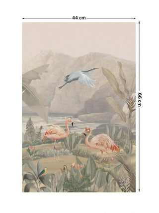 Tropical Vintage wall art featuring pink flamingos and lush botanical leaves, size 44cm x 66cm.