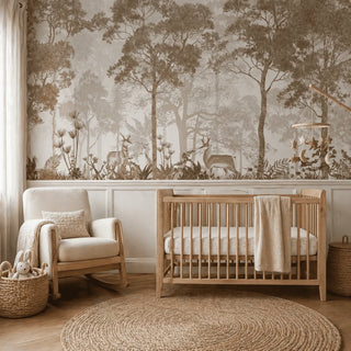 Nursery room with wooden crib and armchair against a forest mural from lifencolors view-kids