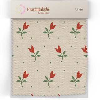 Fabric swatch of Tulip Field Upholstery Fabric featuring small red tulips with green stems on a neutral background.
