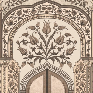 A high-resolution close-up of the engraved tulip motifs and decorative ogee archway in the Turkey Beige wallpaper.