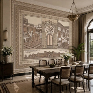 Turkey Beige scenic wallpaper styled across a spacious dining and lounge area, paired with cane back chairs and dark wood furniture.