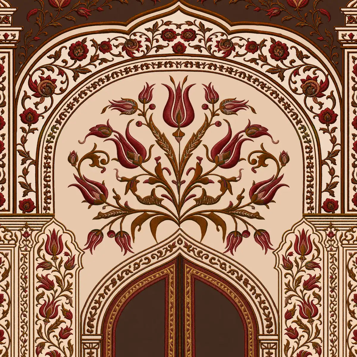 Close-up of engraved tulip motifs and a decorative maroon ogee archway in an Ottoman mural