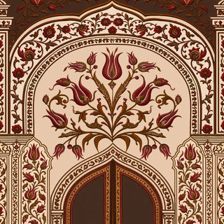 A high-resolution close-up of the engraved tulip motifs and decorative maroon ogee archway in the Turkey Maroon wallpaper.