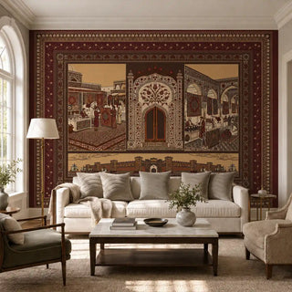 Turkey Maroon scenic wallpaper styled across a spacious living room feature wall behind a contemporary cream sofa.