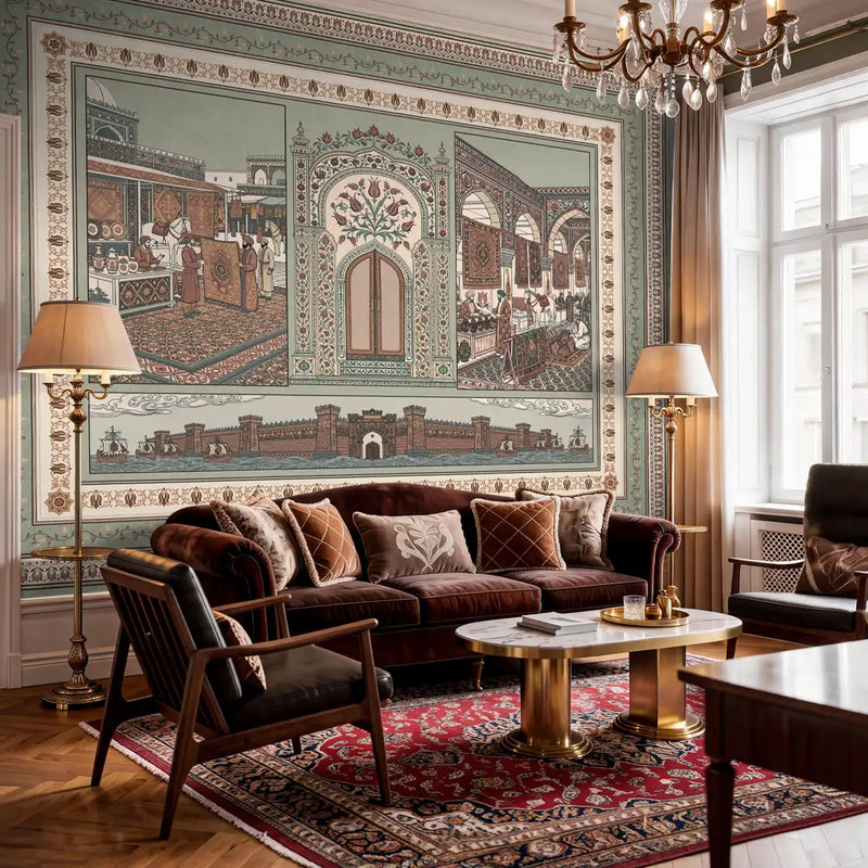 The Turkey mural styled in a sophisticated setting with a velvet sofa, marble coffee table, and an intricate red rug.