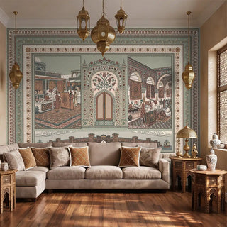 The Turkey mural styled as a grand focal wall in a luxury living room with brass lanterns and neutral furniture.