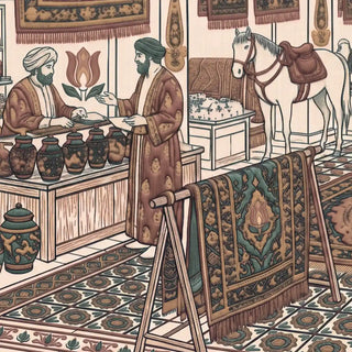 A detailed view showing merchants and horses in the bustling Ottoman-style bazaar scene of the Turkey mural.