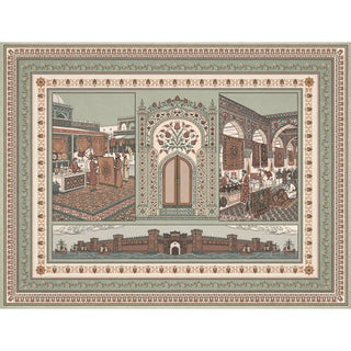 A full view of the Turkey mural featuring the bazaar panels, architectural center, and fortress coastal base.