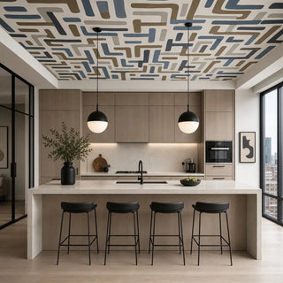 The Urban Maze Blue abstract geometric labyrinth ceiling wallpaper mural styled inside a luxury modern organic kitchen over white oak cabinets view-ceiling