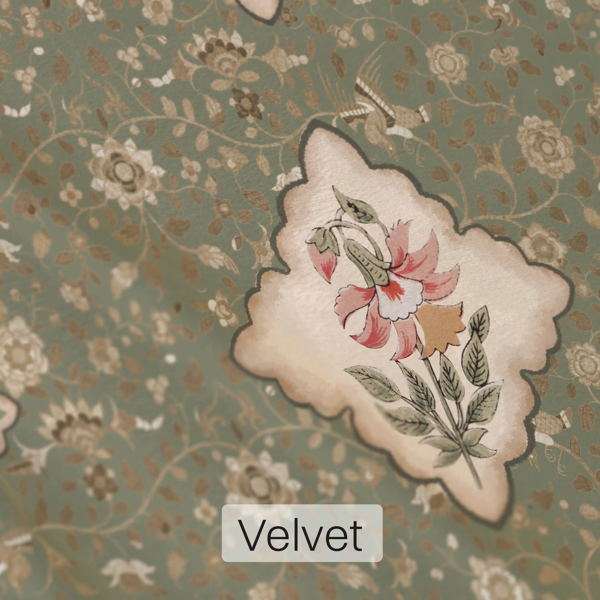 Virasat Floral Pattern for Sofa and Chair Upholstery Fabric in Green Buy with Velvet