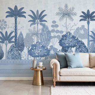 Van Mahal Wallpaper: Full wall mural installation of the blue and white scenic palm tree garden behind a bed.