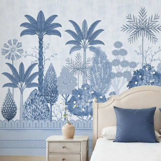 Bedroom with Van Mahal Wallpaper: View of the blue exotic garden wallpaper mural as a feature wall